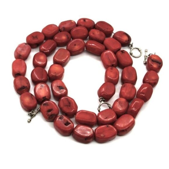 925 STERLING RED CORAL bead 26" necklace & 9"bracelet 226 grams - Picture 2 of 6